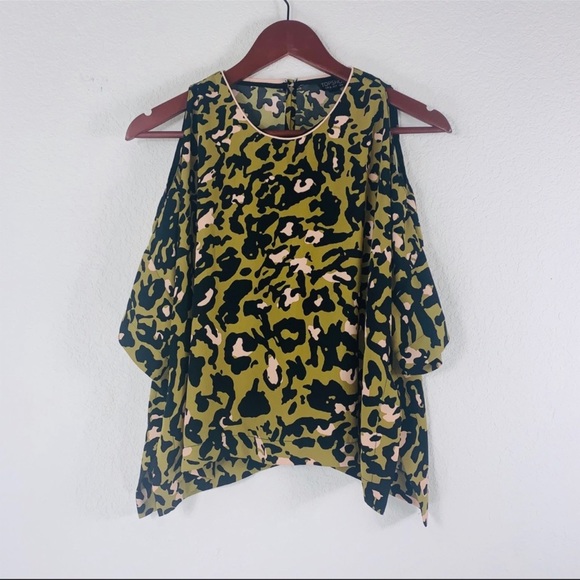 Topshop leopard print cold shoulder top green black pink relaxed boxy fit size 4 - Picture 7 of 8